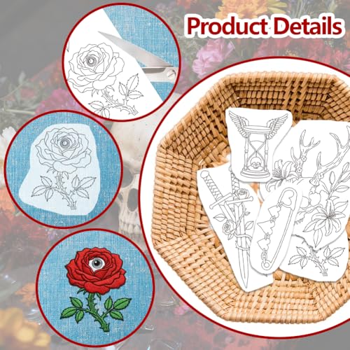 ORIGACH 4 Sheets Gothic Water Soluble Embroidery Patterns Stabilizers - Pre-Printed Skull, Rose, Dagger & Occult Pattern Designs Designs - Stick & Stitch Embroidery Paper for Hand Sewing Lovers - color: Gothic