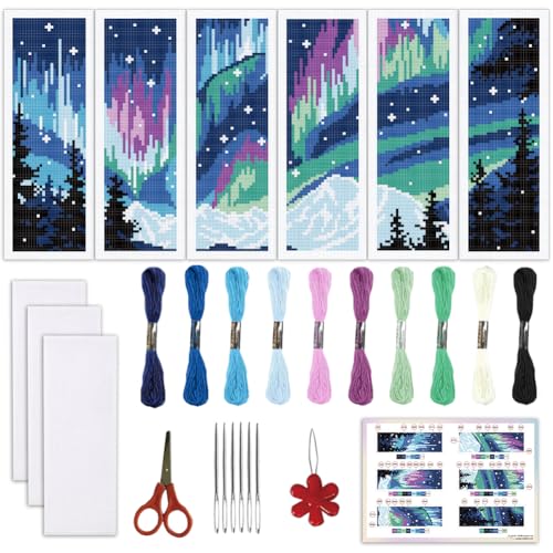 ORIGACH 6 Set Aurora Scenery Cross Stitch Bookmark Kit for Beginner - style: Aurora Scenery