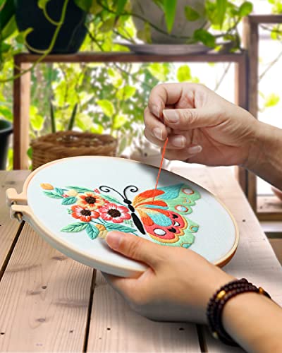 TINDTOP 3 Sets Embroidery Stitch Practice kit, Butterfly Flower Embroidery Kit for Beginners Include Cloth Hoops Threads for Craft Lover Hand Stitch with Embroidery Skill Techniques - color: Butterfly (with 1 Hoop)