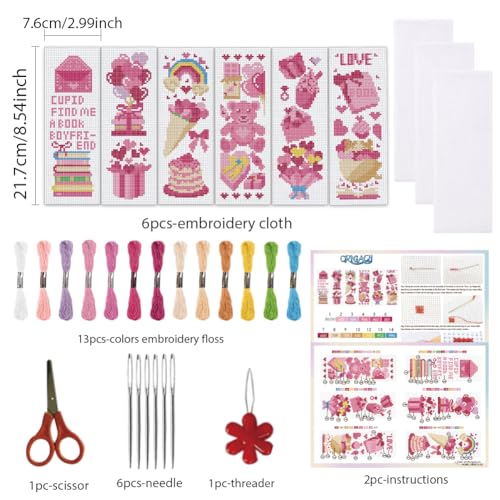 ORIGACH 6 Set Valentine's Day Pink Elements Cross Stitch Bookmark Kit - style: Pink Elements