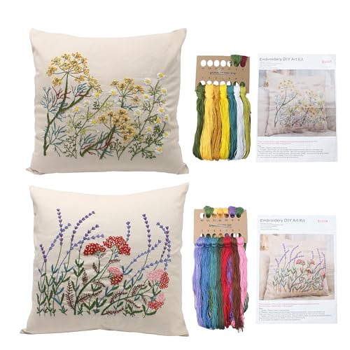 2 Set of Embroidery Pillow Kit Including Pillowcase Cover Cushion Case with Large Drawings and Zipper, Threads, Needles & Instruction Kits for Lace Crewel Craft, No Pillow Core (Lavender)