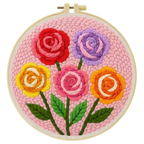 ZuoAnLF Punch Needle Kit for Beginner, Rug Yarn Hooking Beginner Kit with Instruction, Punch Needle Fabric with Pattern, Yarns, Embroidery Hoops for Punch Needle 20CM/9.8INCH (Flower) - color: flower