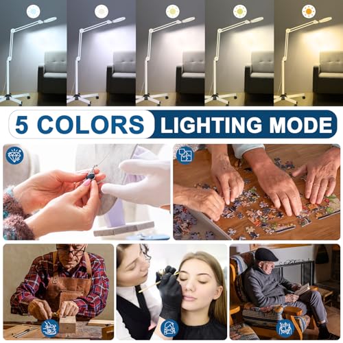 15X Magnifying Glass with Light and Stand, Super Bright 2,200 Lumens LED Magnifying Floor lamp with 5 Wheels Rolling Base, 5 Color Modes Stepless Dimming Lighted Magnifier for Esthetician Facial Salon - color: White