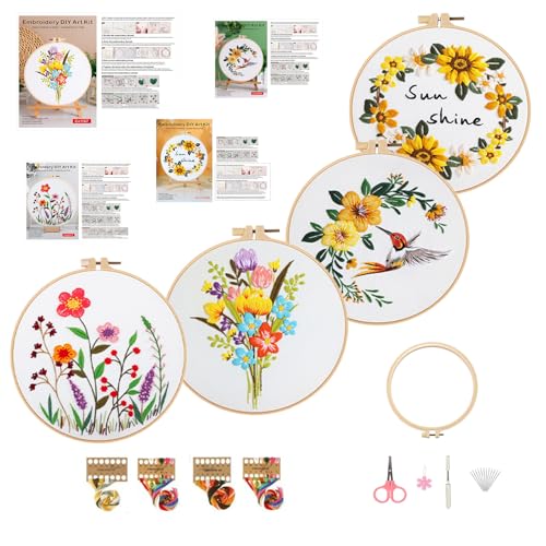 Vigdit 4 Pack Embroidery Kit for Beginners, Needlepoint Cross Stitch Kit for Adult Beginner, Easy DIY Hand Embroidery Starter Kit with Stamped Floral Pattern Embroidery Hoop Tools and Instruction