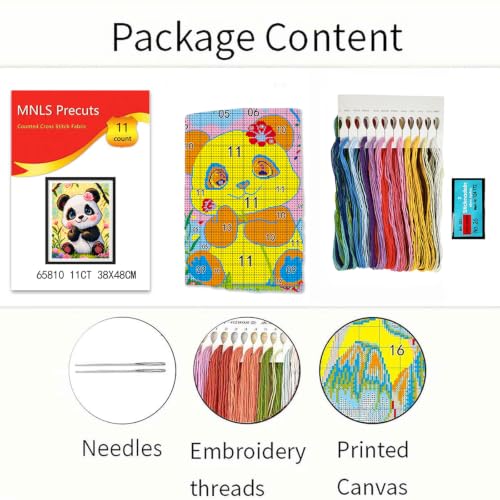 Zhenqing Panda Stamped Cross Stitch Kit for Beginners, 11CT Printed Full Coverage Cute Panda with Pink Flowers Pattern, 38 x 48 cm DIY Animal Embroidery Needlework Set, No Hoop Needed - color: Panda