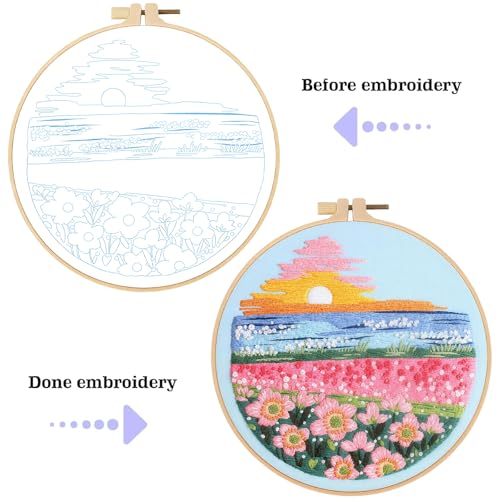spicssa 2 PCS Embroidery Kit for Beginners, Hand Needlepoint Kits for Adults with Pre-Stamped Patterns, 7.8-Inch Hoop, Threads & Needles, Step by Step Instructions - color: Sunset