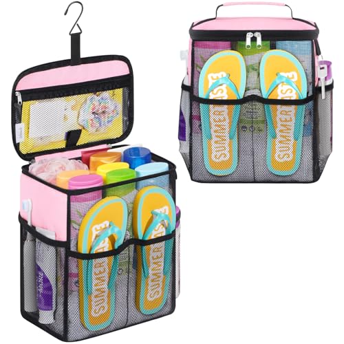 Lifewit Mesh Shower Caddy, Hanging Bathroom Organizer with Slipper pockets - color: Pink