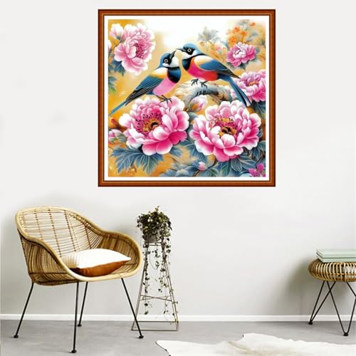 Redxing Counted Cross Stitch Kit for Beginners,Unprinted Needlepoint Kits for Beginners Cross Stitching Embroidery Kit 11CT Stitches kit-Flower Couple Bird 18x18 inch - color: SetColor17