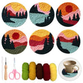 Punch Needle Coasters Kit for Beginners Adults, 6 Pattern Embroidery Scenery Punch Needle Kits, Scenery Punch Decoration DIY Kit with Patterns, Tools, Yarns, Hoop, Instruction Art Craft Supplies