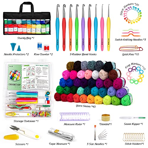 INSCRAFT 113 Piece Crochet Kit with Yarn Set– 1600 Yards Assorted Yarn for Knitting and Crochet, 73PCS Crochet Accessories Set Including Ergonomic Hooks, Knitting Needles & More Ideal Beginner Kit - size: 113 Piece Crochet Kit