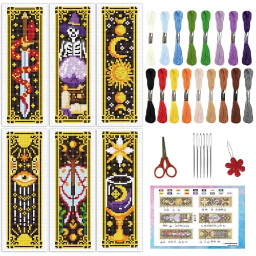 INFUNLY 6pcs Divination Cross Stitch Bookmark Kits Evil Eye DIY Cross Stitch Kit for Beginners with Instruction Sun and Moon Astrology Stamped Embroidery Bookmark Kit for Book Lovers Reader - style: Divination