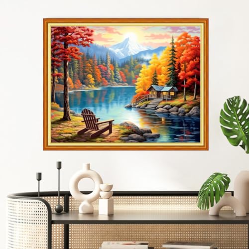 Redxing Stamped Cross Stitch Kits Full Range of Embroidery Starter Kits- Needlepoint Counted Cross Stitch Kits for Beginner Adults 11CT Printed Embroidery Kit-Late Autumn Rest 16x20 inch - color: Artskits14
