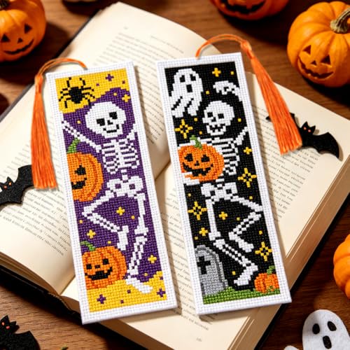 ACRNIGHEET 6PCS Cross Stitch Bookmark Kit (Halloween Skeleton Pattern) - style: Halloween Skeleton with Tassel