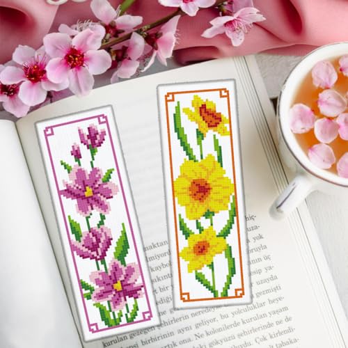 ORIGACH 6 Set Floral Magnolia Rose Cross Stitch Bookmark Kit for Beginner - style: Floral