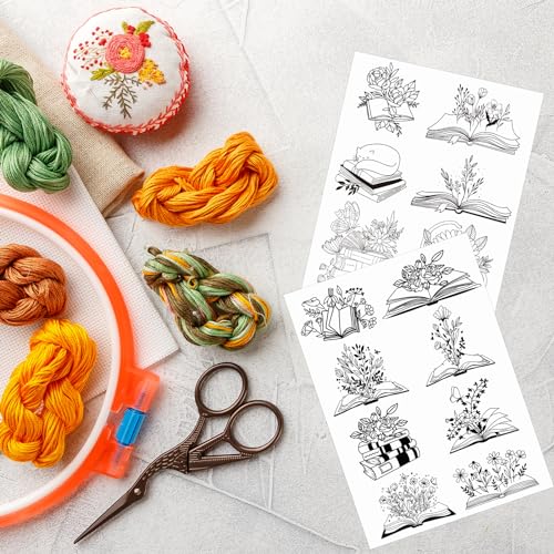 Water Soluble Embroidery Patterns Stabilizers - Rngmsi 2 Sheets Book Lover Stick and Stitch Embroidery Pattern Wash Away 14 Pcs Cat Flower Transfer Papers for Hand Sewing - color: Book Lover
