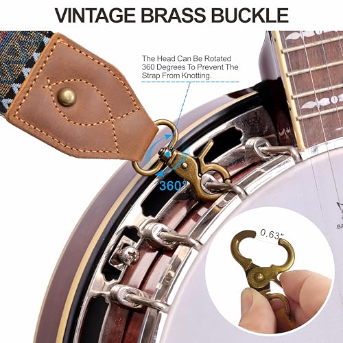 Nefelibata Banjo Strap,2"Wide Double Crazy Horse Leather Jacquard Embroidery Strap Adjustable Replacement,Multi-pattern Strap With Metal Clips - color: A#-Ethnic Green-01