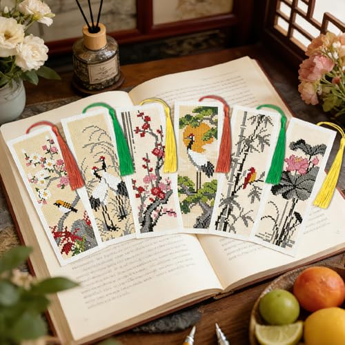 ACRNIGHEET 6PCS Cross Stitch Bookmark Kit for Beginner Chinese-Style Stamped Cross Stitch Kits Needlepoint Kit for Adults DIY Tassel Embroidery Bookmark Kits with Instructions Craft Gift 8.5"x3" 11CT - style: Chinese-Style Patterns