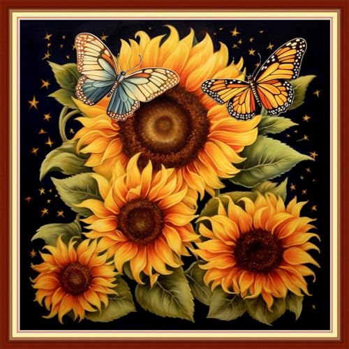 Disxvivy Cross Stitch Stamped Full Embroidery Kits DIY 11CT Cotton Thread Printed DIY Needlepoint Kits Craft Needlework Set Cross-Stitch Stamped Sets-Sunflower Butterfly 18x18 inch - color: Artstyle11