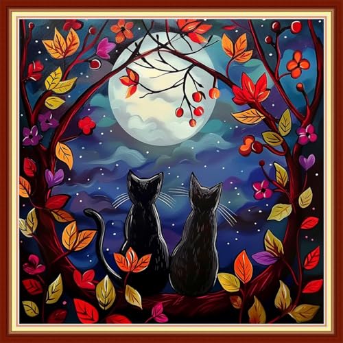 Redxing Stamped Cross Stitch Kits Full Range of Embroidery Starter Kits- Needlepoint Counted Cross Stitch Kits for Beginner Adults 11CT Printed Embroidery Kit-Cat Admiring the Moon 18x18 inchs - color: ArtsKit07