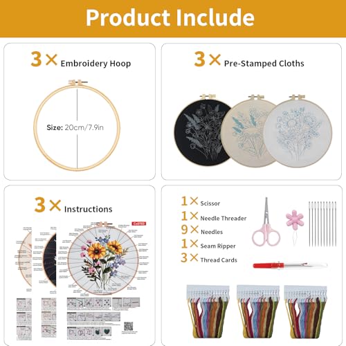 3 Packs Embroidery Kit for Adults, Embroidery for Beginners (Flower) - color: Flower