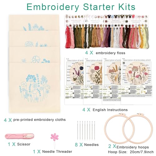 Harimau Adult Beginner Embroidery Starter Kit, Complete Set with 4 Patterns, 2 Hoops, Needles, Scissors, Instruction Guide & Stitching Video Tutorials - color: Floral3 pattern