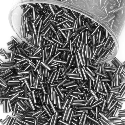 4000 Pcs Metallic Silver Glass Bugle Beads, 2 x 7 mm Embroidery Beads, Small Long Tube Seed Beads for Embroidery Craft Jewelry Making - color: Metallic Silver