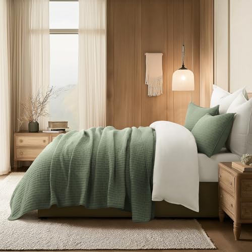 EVERGRACE Cross Stitch Pre-Washed Cotton Quilt Bedding Set Queen Size, Oversized 3 Pieces Lightweight Bedspread Coverlet for All Season, with 2 Matching Shams, Olive Green, 92"x96" - color: Olive Green, size: Full/Queen (92" X 96")