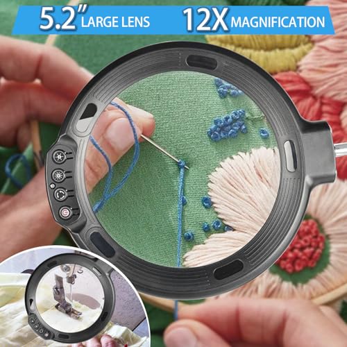 12X Large Magnifying Glass with Light and Floor Stand, 5.2" Floor Lamp - color: Matte Black