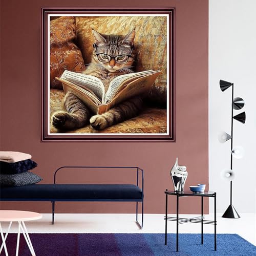 DMCVIVR Stamped Cross Stitch Kits for Beginners Adults Needlepoint Kits for Beginners Embroidery Kits for Adults Crossstitch Kit for Beginners 11CT-A cat Wearing Glasses Reading a Book 18x18 inch - color: ColorNice20