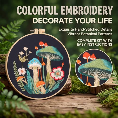 Harimau Adult Beginner Embroidery Starter Kit, Complete Set with 4 Patterns, 2 Hoops, Needles, Scissors, Instruction Guide & Stitching Video Tutorials - color: Mushroom pattern