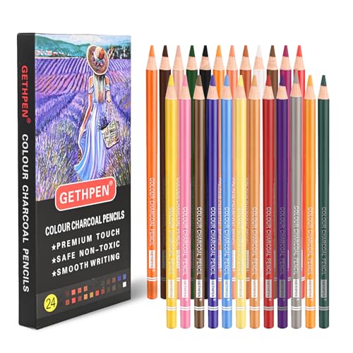 GETHPEN Colored Charcoal Pencil Set,Pastel Chalk Drawing Pencils,24 Colors - color: Multicolor, size: 1 Count (Pack of 24)