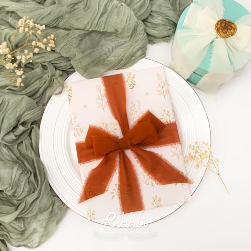 Ribbli Fall Ribbon 1.5 inch x 30 Yard Handmade Silk, Ivory/Dusty Sage/Terracotta Fringe Chiffon Ribbon for Wedding Invitations, Bridal Bouquets Wrapping, Flower Arrangement Decoration - color: Ivory/Dusty Sage/Terracotta