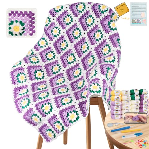 Coopay Crochet Blanket Kit for Beginners, Easy 3D Granny Square Blanket Kit - color: Purple- 3D Daisy
