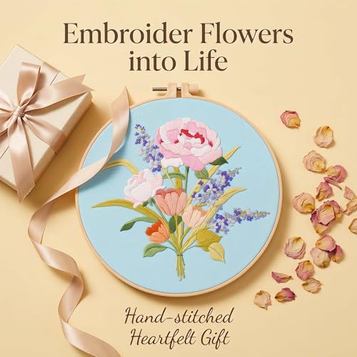 Harimau Adult Beginner Embroidery Starter Kit, Complete Set with 4 Patterns, 2 Hoops, Needles, Scissors, Instruction Guide & Stitching Video Tutorials - color: Floral7 pattern