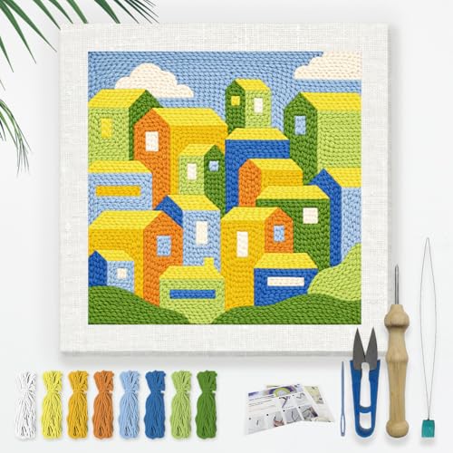 DOODLREAM Colorful Buildings Punch Needle Kit for Beginner 9.4" x 9.4" - color: City Buildings