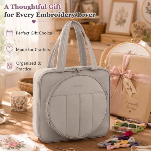 MYBAGZING Embroidery Bag Organizer,Cross Stitch Project Bag w/Hoop Storage - color: Greige