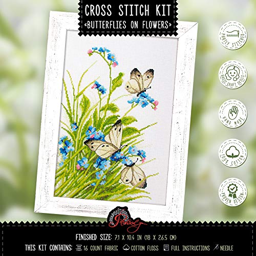 Povitrulya Counted Cross Stitch Kit 'Butterflies on Flowers' - Hand Embroidery Set - color: Butterfly