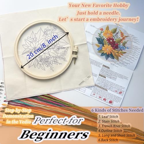 FONNUY Floral Embroidery Kit for Beginners, Colorful Flowers Pre-Stamped Pattern Kits for Adults with Hoop, Thread Needlework, 8'' Hoop (Zinnia) - color: Zinnia