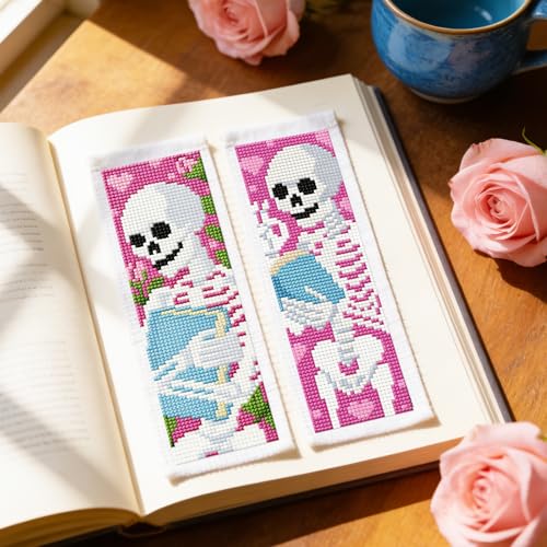 ACRNIGHEET 6PCS Stamped Cross Stitch Bookmark Kit Beginners Halloween Skull - style: Skull and book patterns