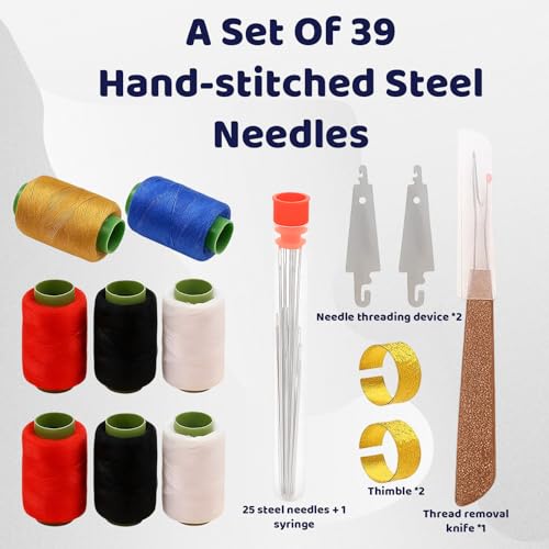 39Pcs Sewing Tool Set, Needle and Thread Kit with Steel Sewing Needles, Hand Sewing Kit for Emergency Fabric Repairs, Embroidery Projects, Leather Stitching, 36 Tools + 3 Color Threads
