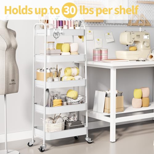TOOLF 5-Tier Metal Rolling Cart with Wheels, Storage Utility Cart White - color: White, size: 5-Tier