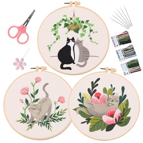 LB Funny Cat Embroidery Kit for Beginners Adults, 3 Sets Hand Embroidery Starter Kit with Floral Pattern and Instructions Stamped Cross Stitch Kits Include Embroidery Hoop Needles Threads Scissors - color: Grey