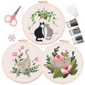 LB Funny Cat Embroidery Kit for Beginners Adults, 3 Sets Hand Embroidery Starter Kit with Floral Pattern and Instructions Stamped Cross Stitch Kits Include Embroidery Hoop Needles Threads Scissors - color: Grey