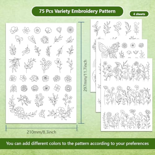 4 Sheets Water Soluble Embroidery Patterns Stabilizers Flowers Theme Embroidery Stick and Stitch Paper with Pre-Printed Flower Wreath Butterfly Patterns for Hand Sewing Lover Beginners - style: Flower A
