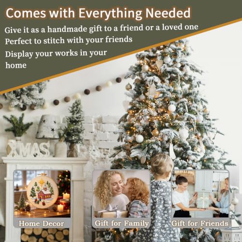 FONNUY Crewel Christmas Embroidery Kit for Beginners, Cross Stitch Set Winter Snow Scene Pine Owl Pattern for Adults, Easy to Follow Color Thread Needlework, 8'' Hoop (Tree and House 2) - style: Tree and House 2