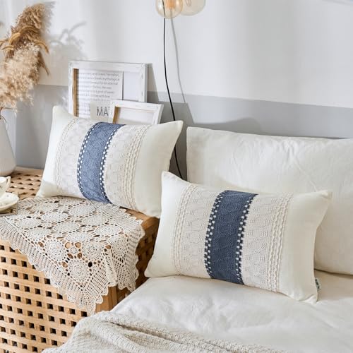 Lumbar Throw Pillow Covers Set of 1 (Beige & Blue, 12x20 Inch) - color: Beige & Blue, size: 20" x 12" (Pack of 1)