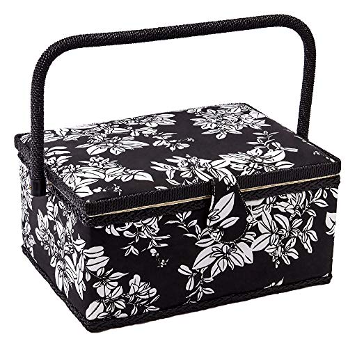 Sewing Basket with Floral Print Design - Sewing Kit Storage Box with Removable Tray, Built-in Pin Cushion and Interior Pocket - by Adolfo Design (Large - 12" x 9" x 6", Hibiscus) - color: Hibiscus, size: Large - 12" x 9" x 6"