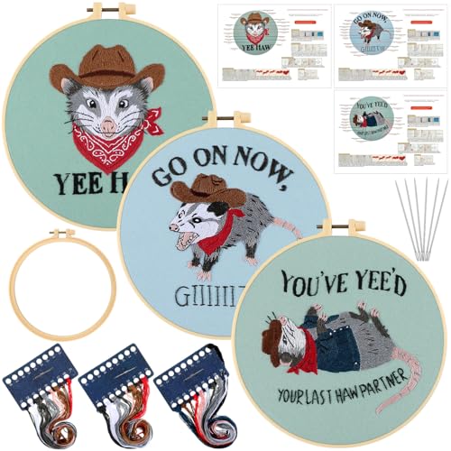 Mindsoft 3 Set Needlepoint Kit for Beginners with Hoop,Cowboy Possum - style: Cowboy Possum