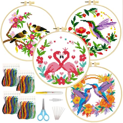 FEIYUENO 4 Pack Hummingbird Embroidery Kit for Adults Beginner, Bird - color: Bird