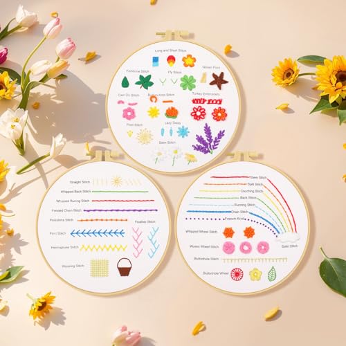 Ponpon 3 Sets Embroidery Kit for Beginners, Embroidery Kit for Adults with Follow Instruction, Cross Stitch Kits with Wooden Embroidery Hoops (Stlye F) - style: Stlye F